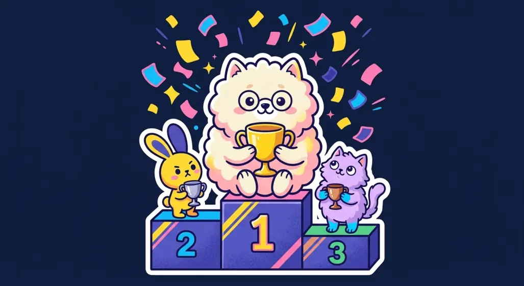 Puffy on the top step of a podium holding a trophy