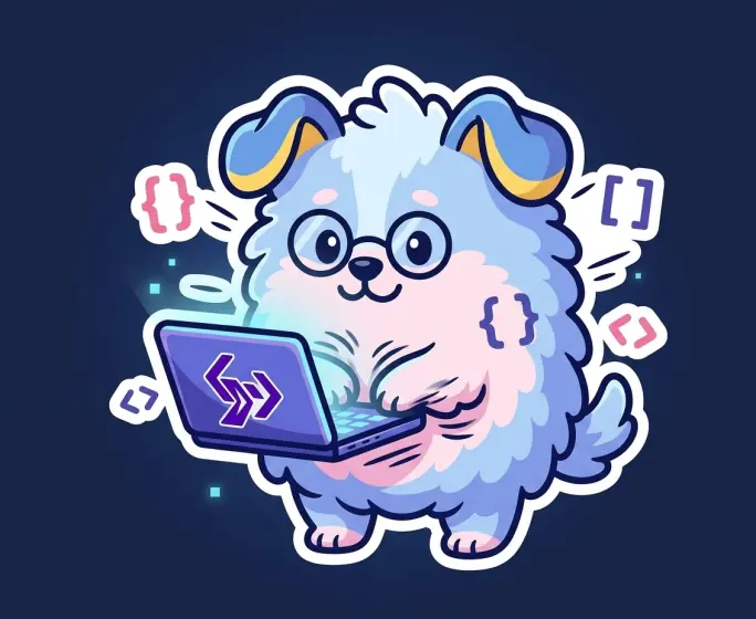 Puffy standing at a laptop, typing