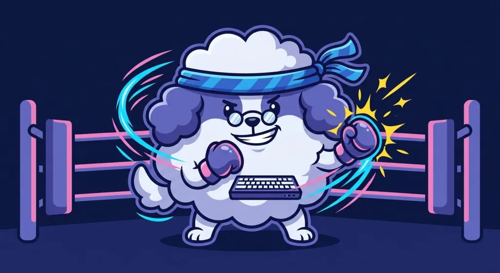 Puffy in a boxing ring with a keyboard