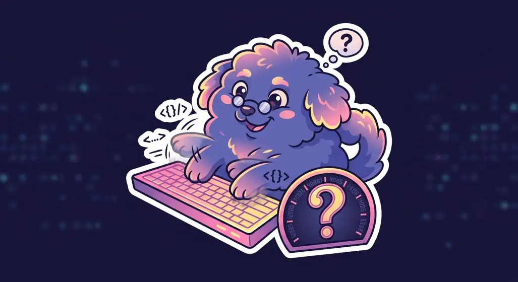 Puffy at a keyboard beside a WPM dial showing a question mark