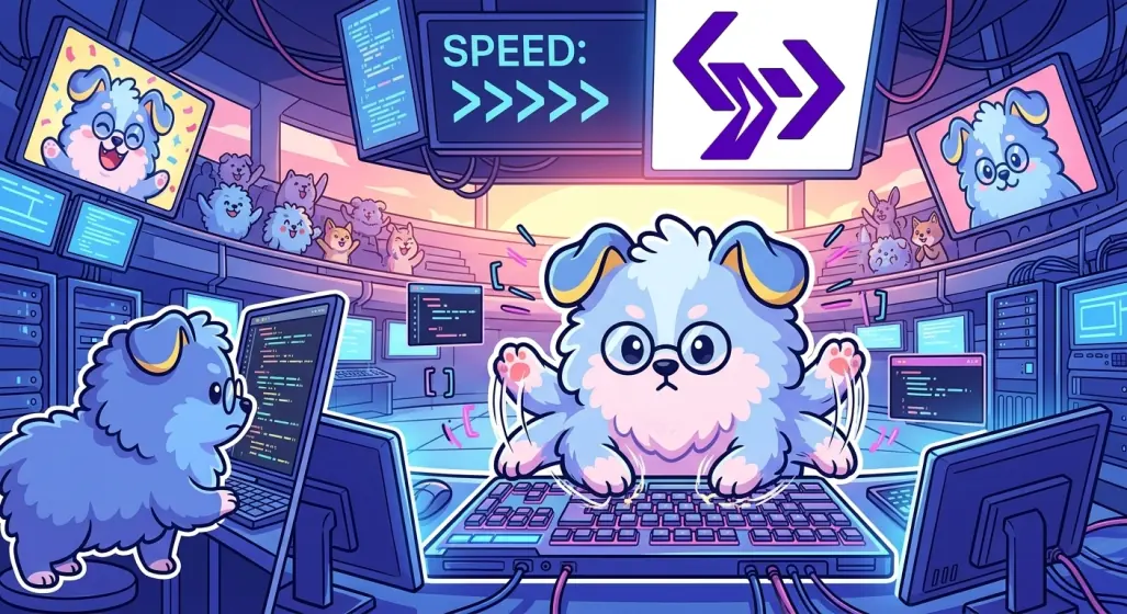 Puffy typing in a packed arena under a SPEED scoreboard