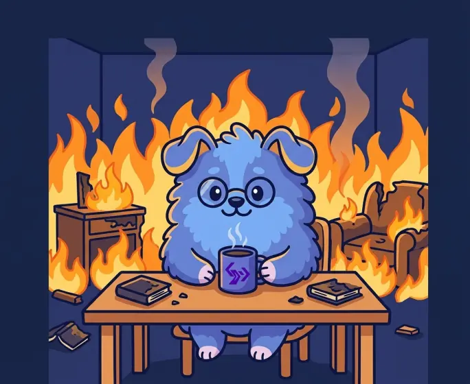 Puffy calmly drinking coffee in a burning room