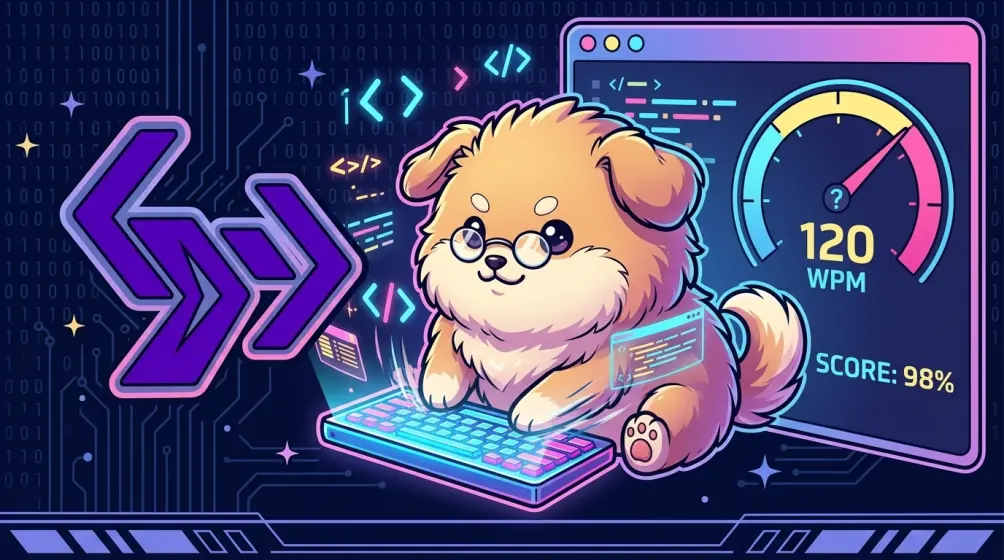 Puffy typing on a neon keyboard beside a 120 WPM speed dial