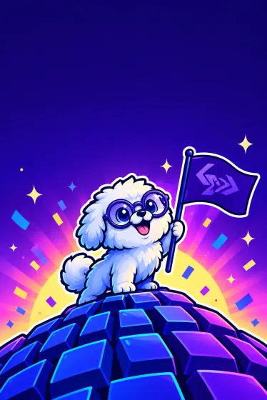 Puffy planting a CodeSpeedTest flag on a mountain of keycaps